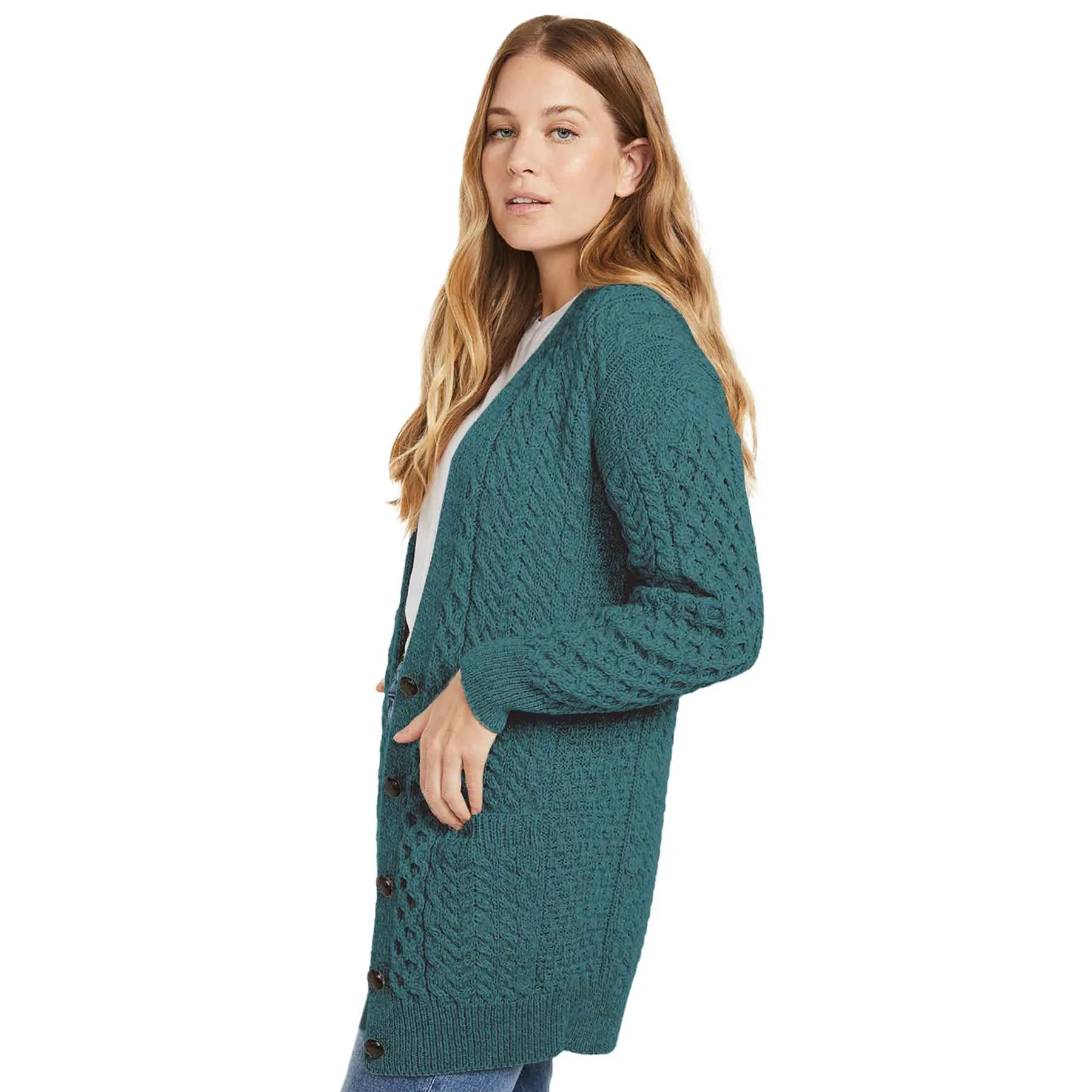 Aran Knit Boyfriend Cardigan- Teal