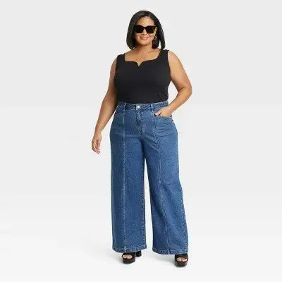 Ava & Viv Womens Plus High Rise  Regular Fit Full Wide-Leg Jeans Midweight