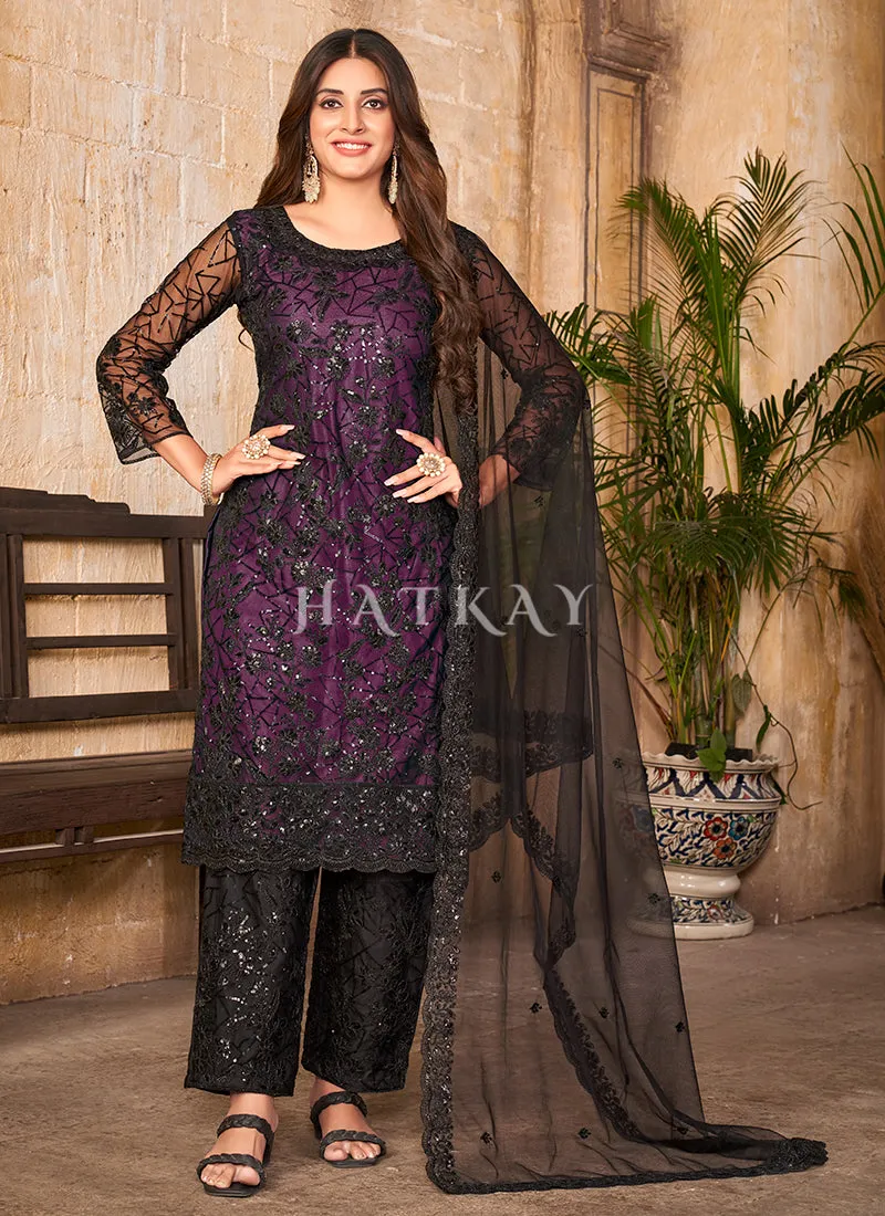 Black And Purple Sequence Embroidered Pant Suit