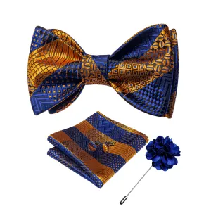 Blue Gold Striped Silk Self-Bowtie Pocket Square Cufflinks Set With Brooch