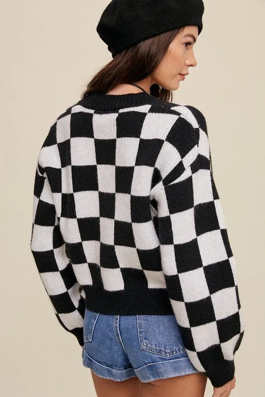 Bold Checkered Gingham Sweater Weaved Crop Cardigan | 3 Colors