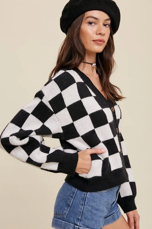 Bold Checkered Gingham Sweater Weaved Crop Cardigan | 3 Colors