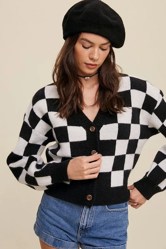 Bold Checkered Gingham Sweater Weaved Crop Cardigan | 3 Colors