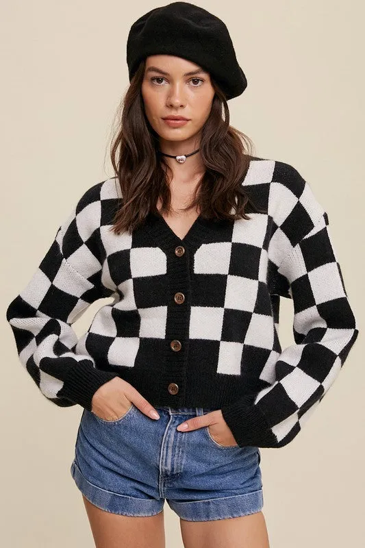 Bold Checkered Gingham Sweater Weaved Crop Cardigan | 3 Colors