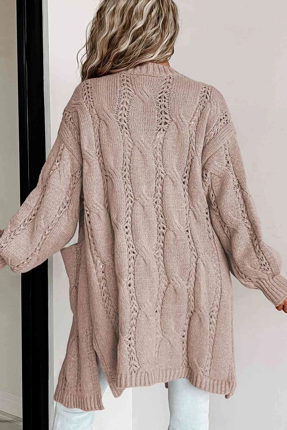 Cable-Knit Dropped Shoulder Slit Cardigan