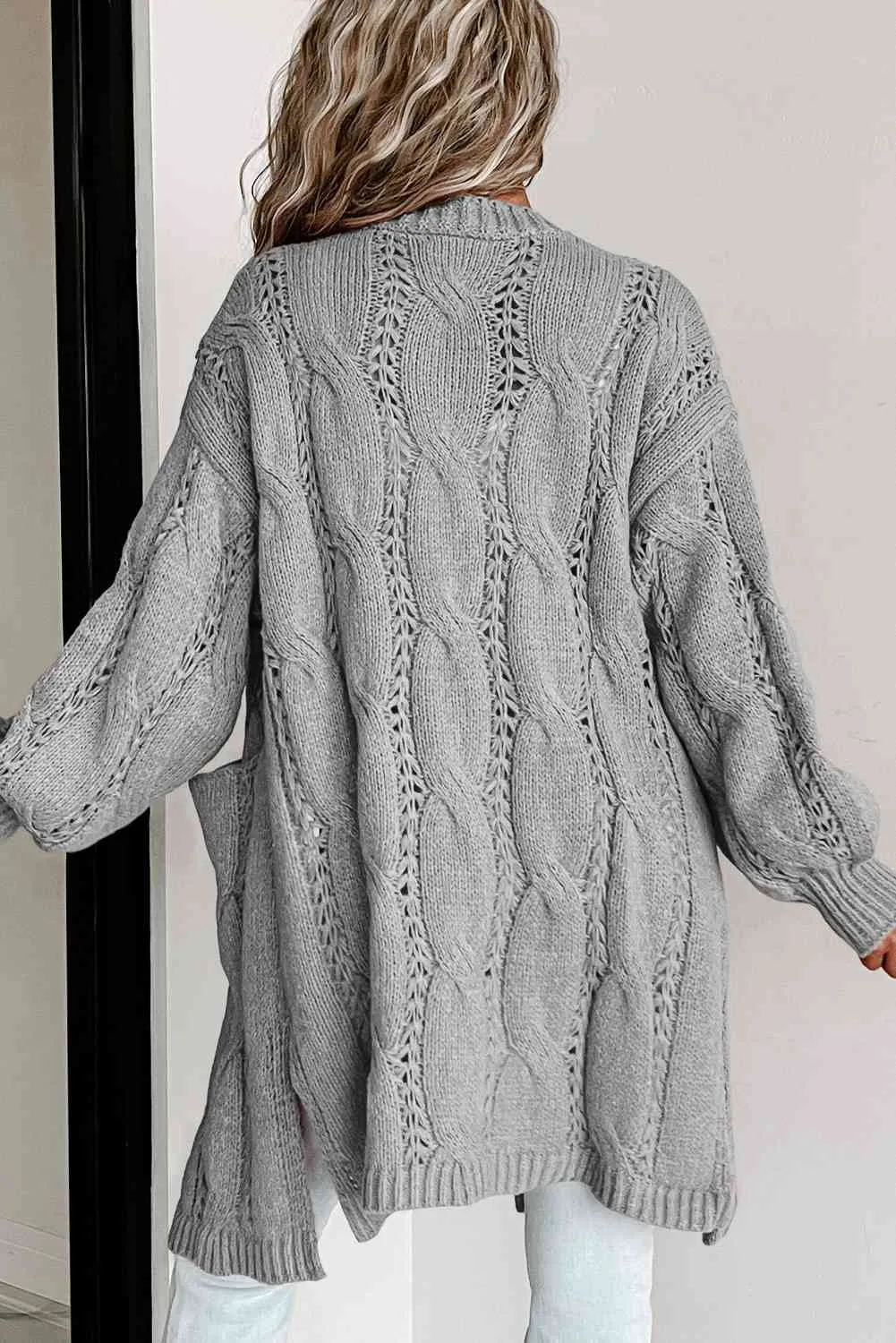 Cable-Knit Dropped Shoulder Slit Cardigan