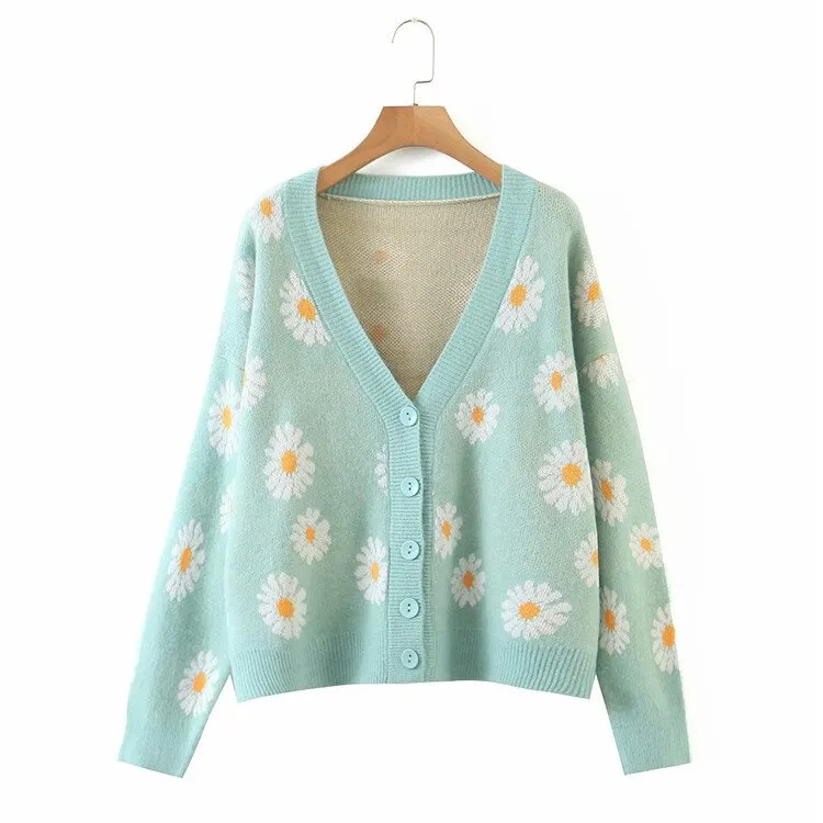 Fashionkova  Women V Neck Loose Sweater Cardigan Autumn Winter Daisy Knit Sweaters Oversized Knitted Cardigan Coats Rebeca Punto Mujer