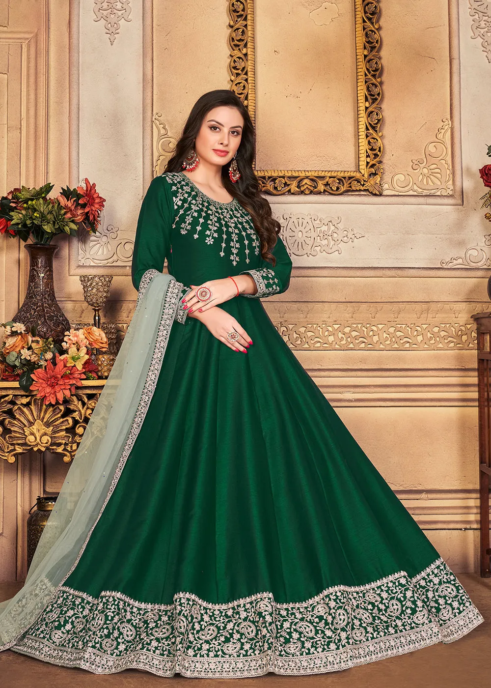 Festive Elegant Green Embroidered Silk Anarkali Suit