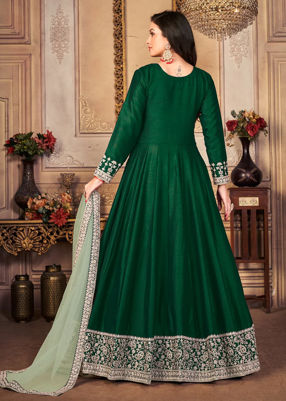 Festive Elegant Green Embroidered Silk Anarkali Suit