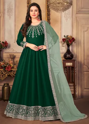 Festive Elegant Green Embroidered Silk Anarkali Suit