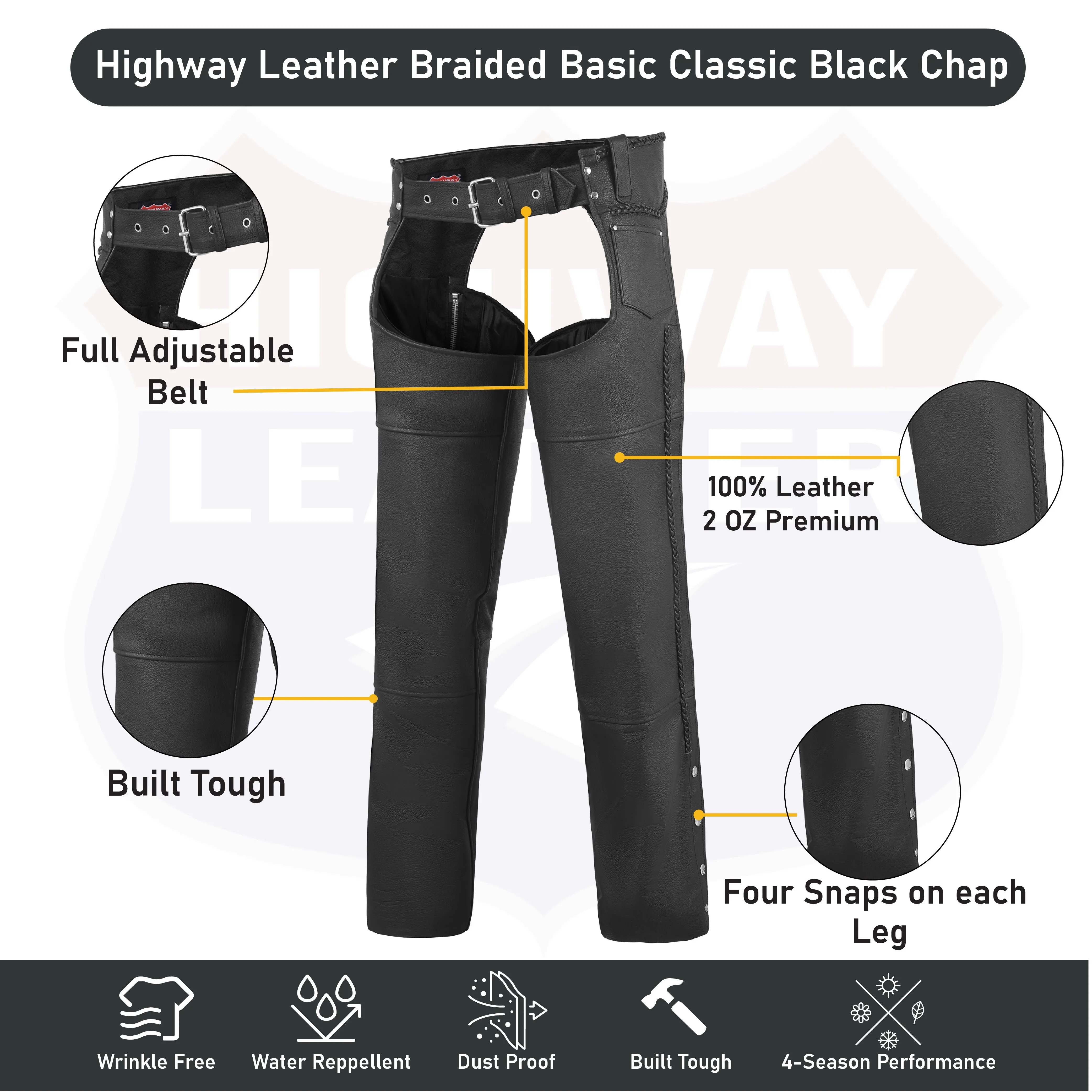 HL12805BRAIDED Basic Classic BLACK Style Leather Motorcycle Chap for Motorcycle Riding Plain Easy Fit