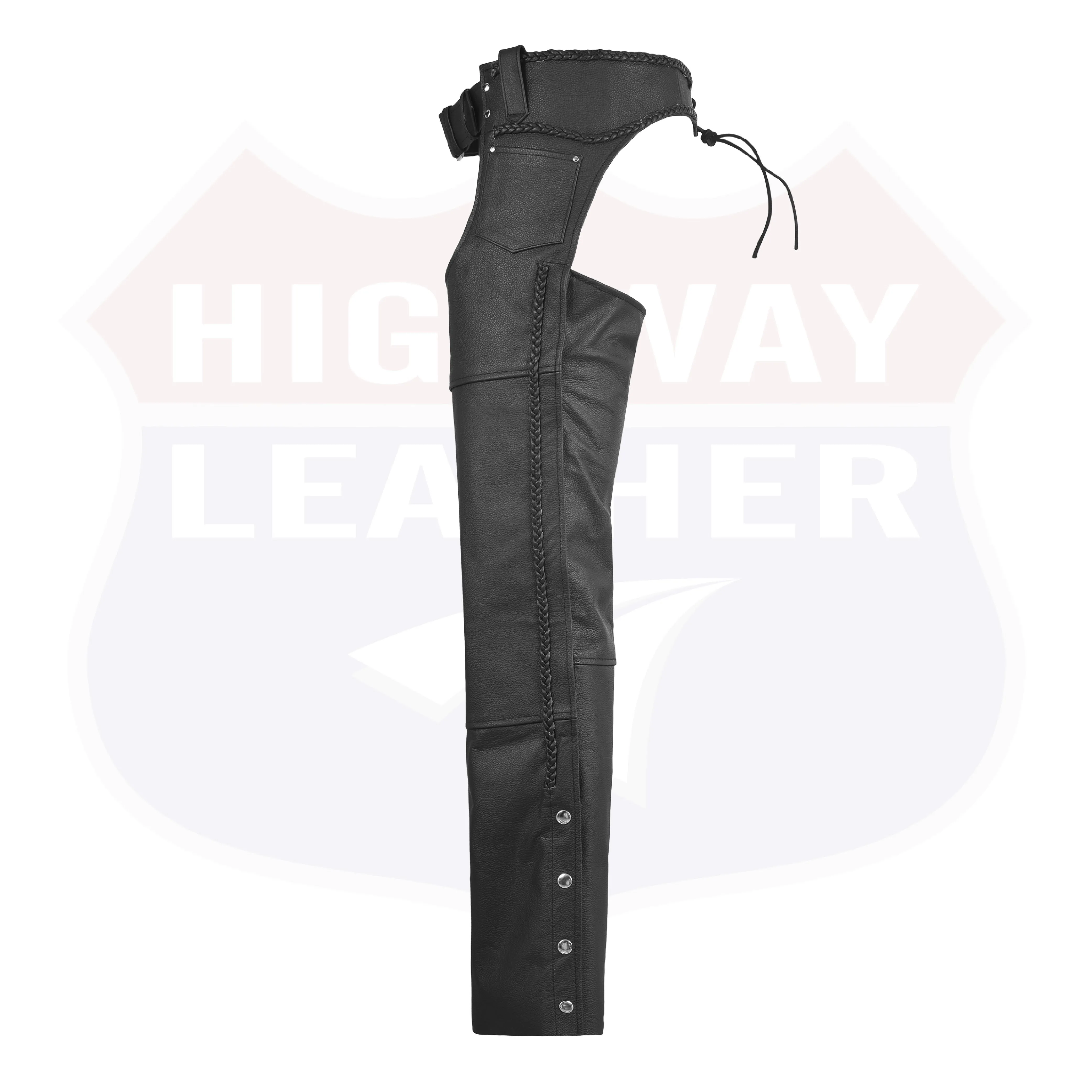 HL12805BRAIDED Basic Classic BLACK Style Leather Motorcycle Chap for Motorcycle Riding Plain Easy Fit