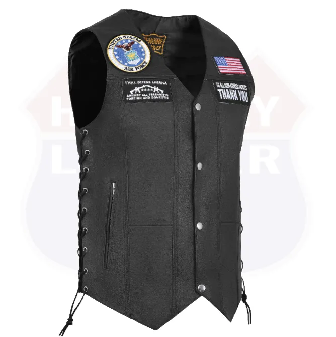 HL3540AIRFORCE Black Men's Genuine Leather 10 Pockets Motorcycle Biker Vest ANARCHY Black SOA