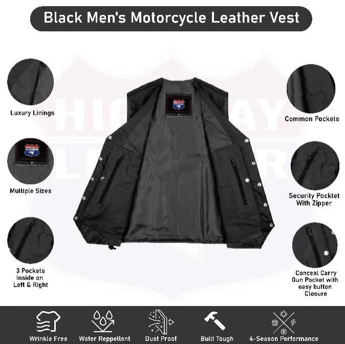 HL3540AIRFORCE Black Men's Genuine Leather 10 Pockets Motorcycle Biker Vest ANARCHY Black SOA