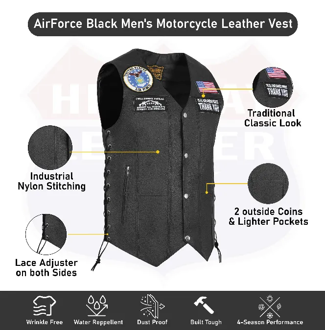 HL3540AIRFORCE Black Men's Genuine Leather 10 Pockets Motorcycle Biker Vest ANARCHY Black SOA