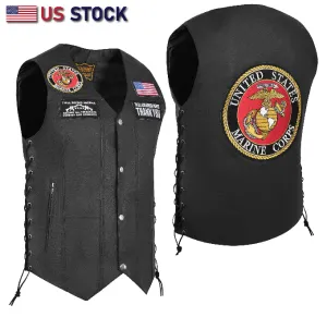 HL3540MARINE Black Men's Genuine Leather 10 Pockets Motorcycle Biker Vest ANARCHY Black SOA