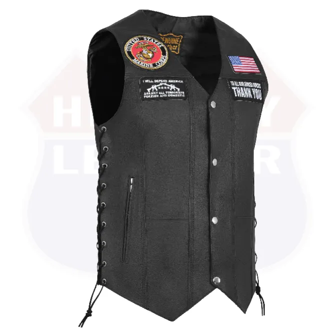 HL3540MARINE Black Men's Genuine Leather 10 Pockets Motorcycle Biker Vest ANARCHY Black SOA