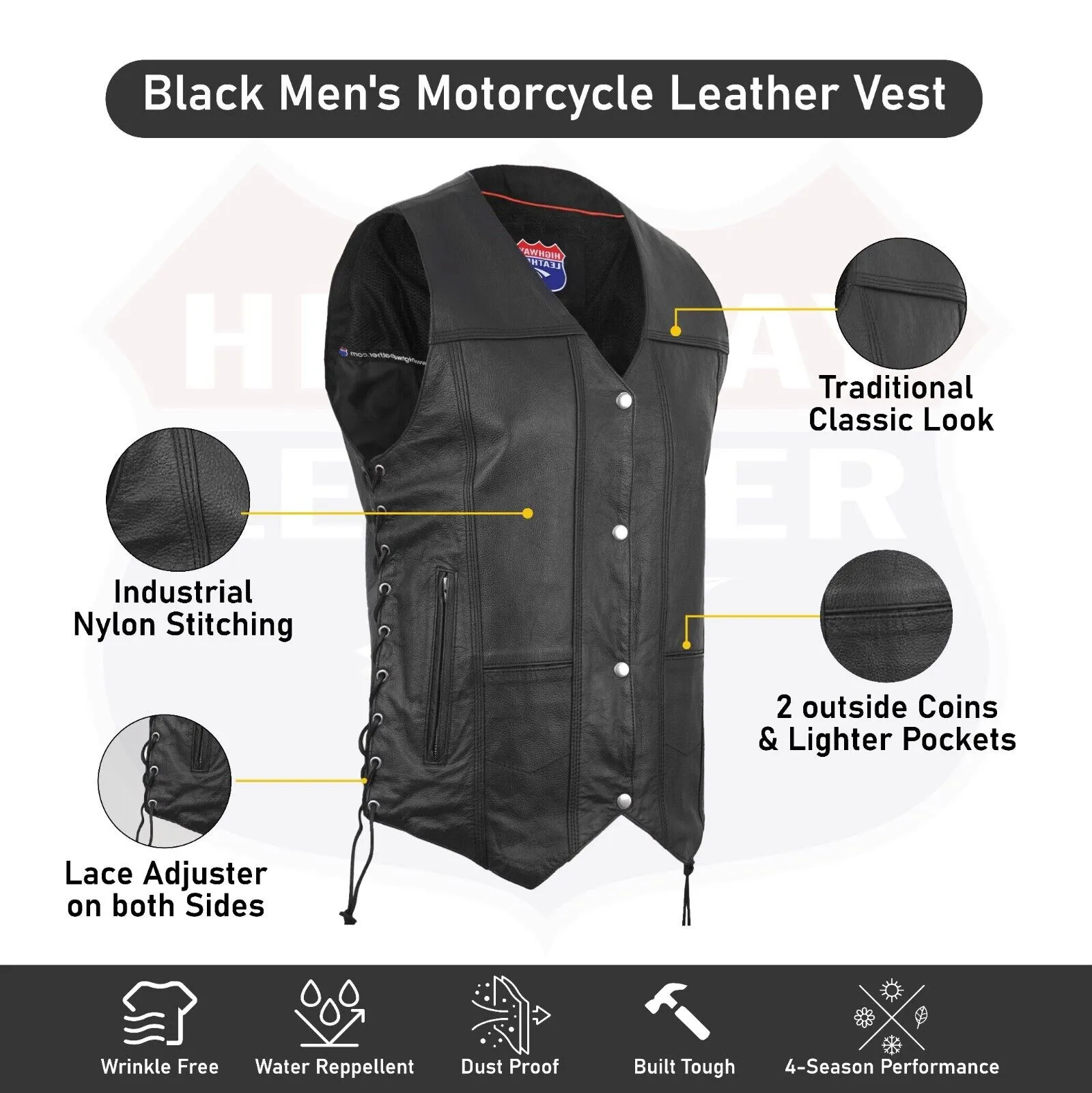 HL3540SPT Black Mens Genuine Leather 10 Pockets Motorcycle Biker Vest ANARCHY Black SOA