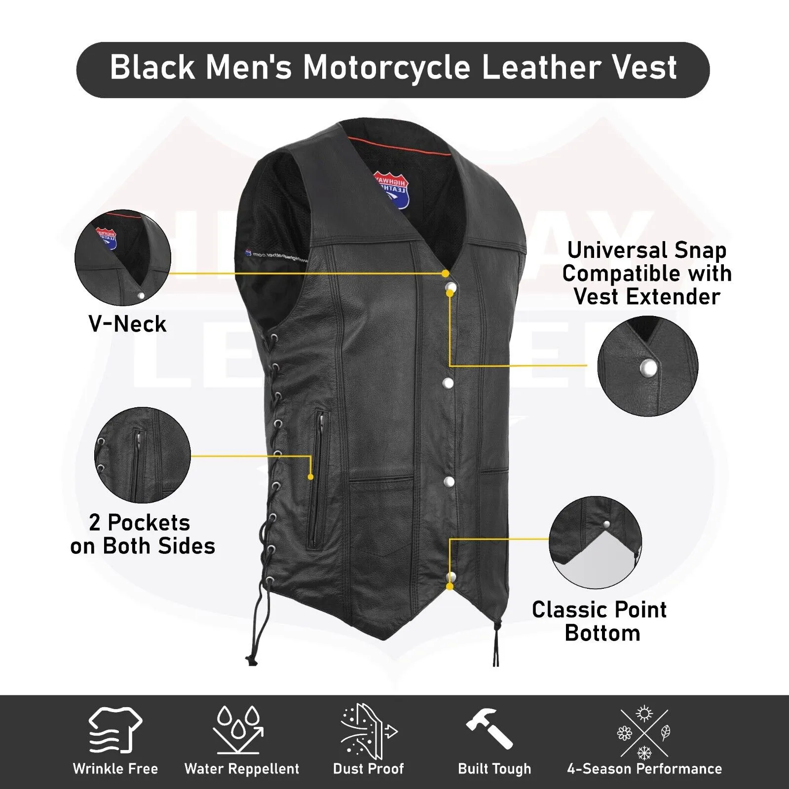 HL3540SPT Black Mens Genuine Leather 10 Pockets Motorcycle Biker Vest ANARCHY Black SOA