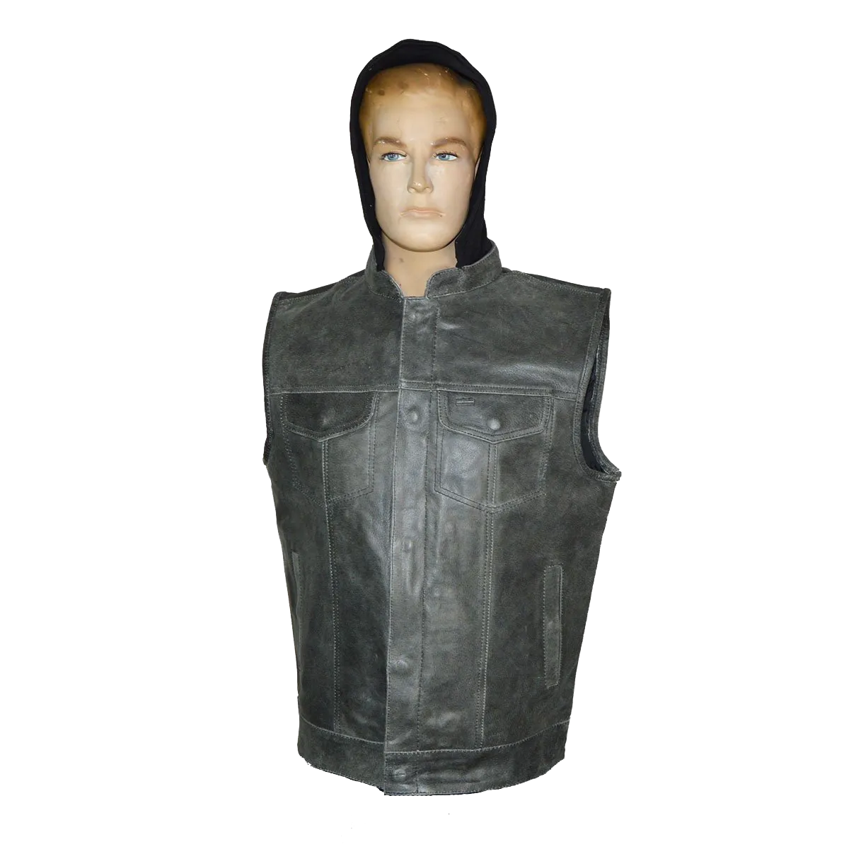 HMM914HDG Distressed Gray Motorcycle Club Leather Vest with Hood