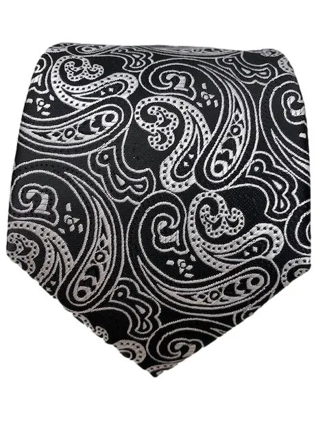 Men's Black Tie with Silver Paisley Design