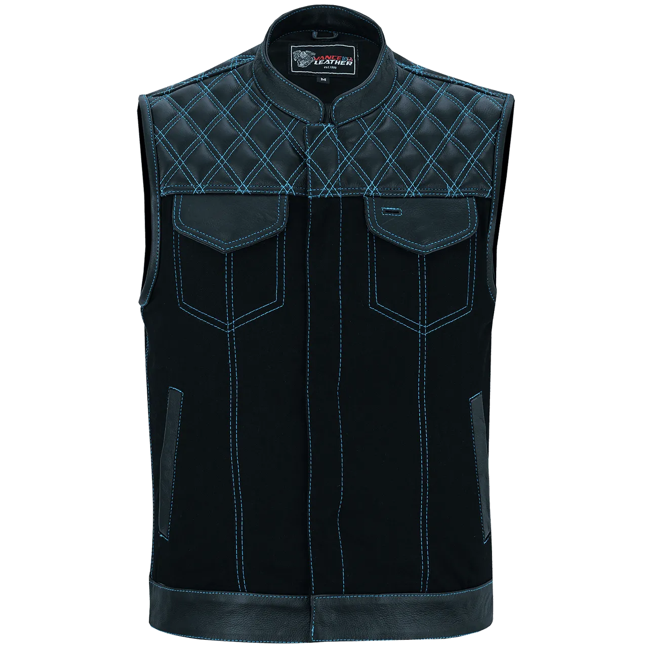 Men's Denim & Leather Motorcycle Vest with Conceal Carry Pockets and Blue Stitching