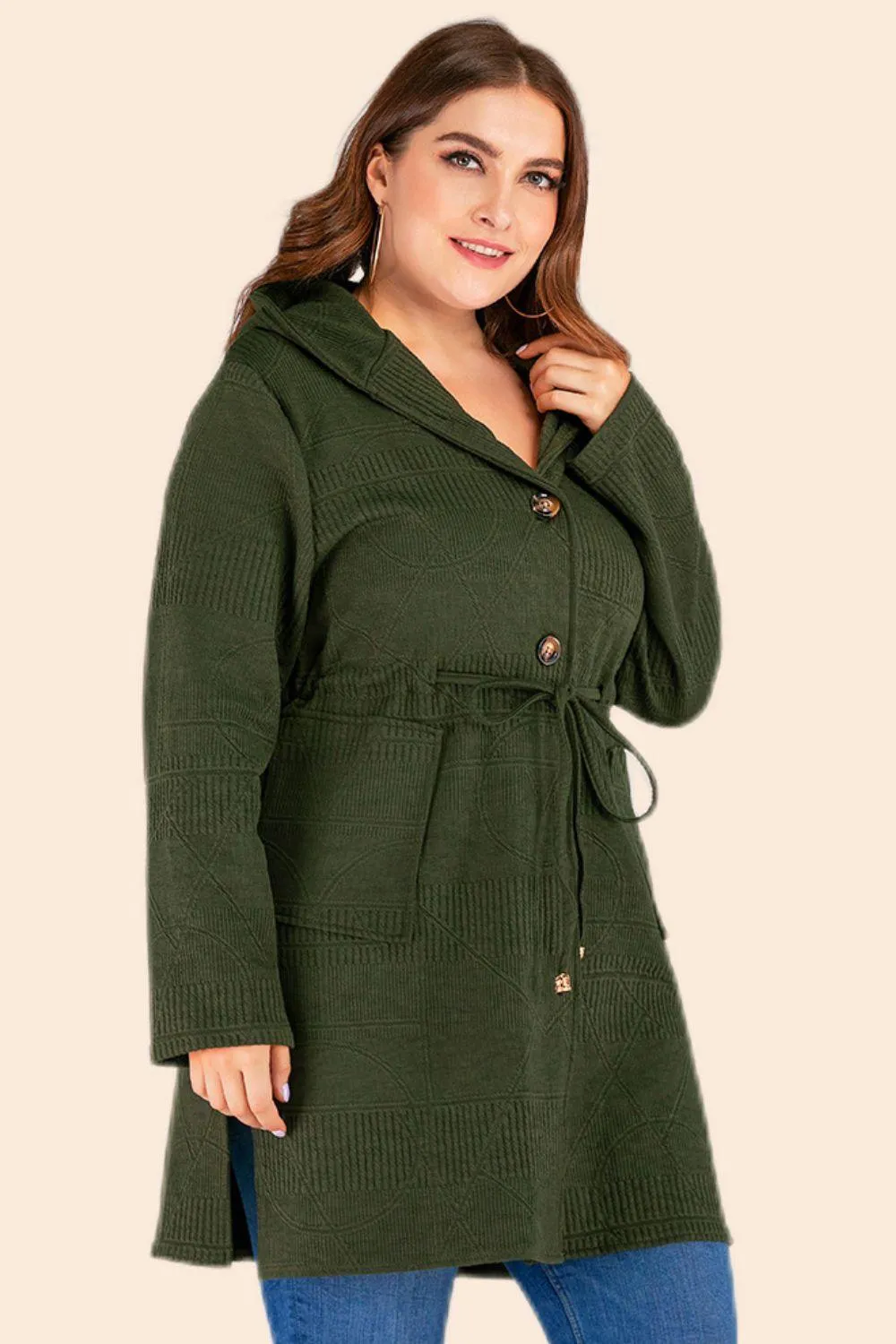 Plus Size Drawstring Waist Hooded Cardigan