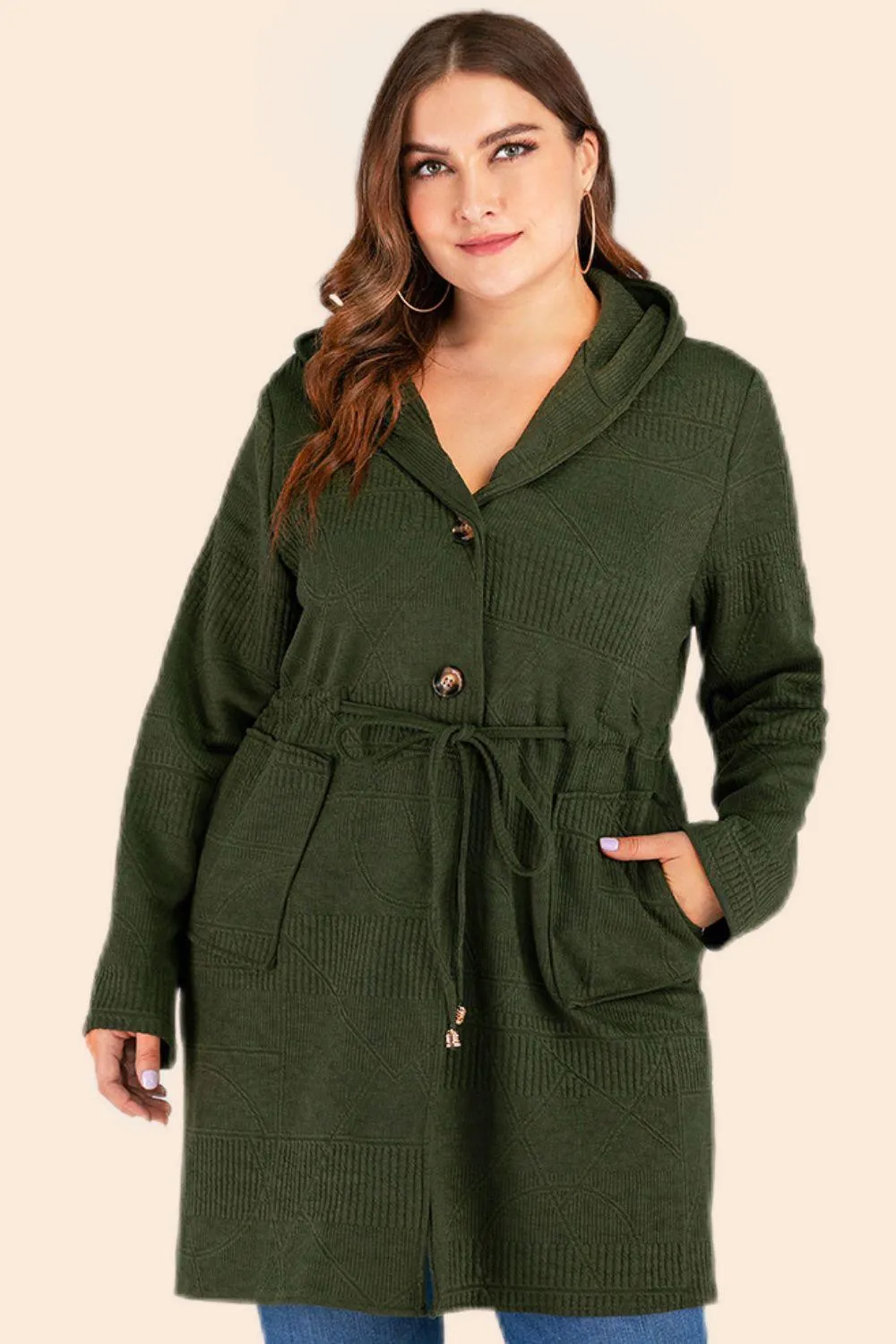 Plus Size Drawstring Waist Hooded Cardigan