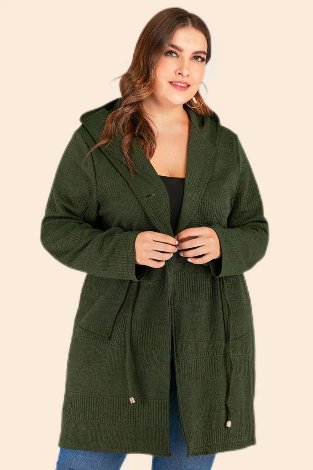 Plus Size Drawstring Waist Hooded Cardigan