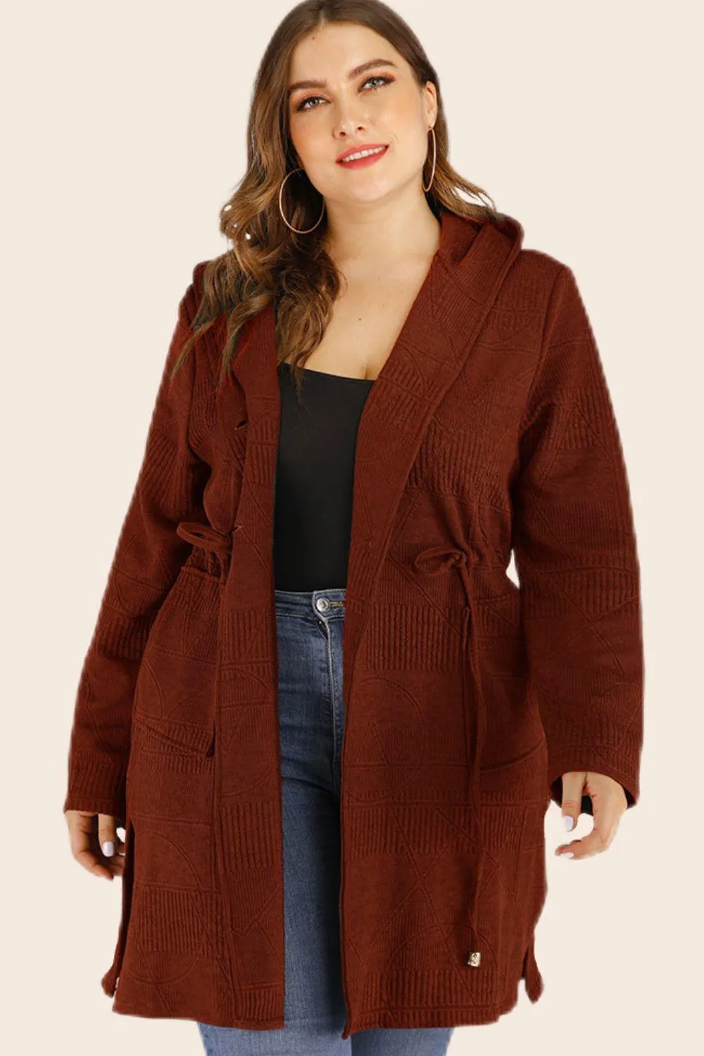 Plus Size Drawstring Waist Hooded Cardigan