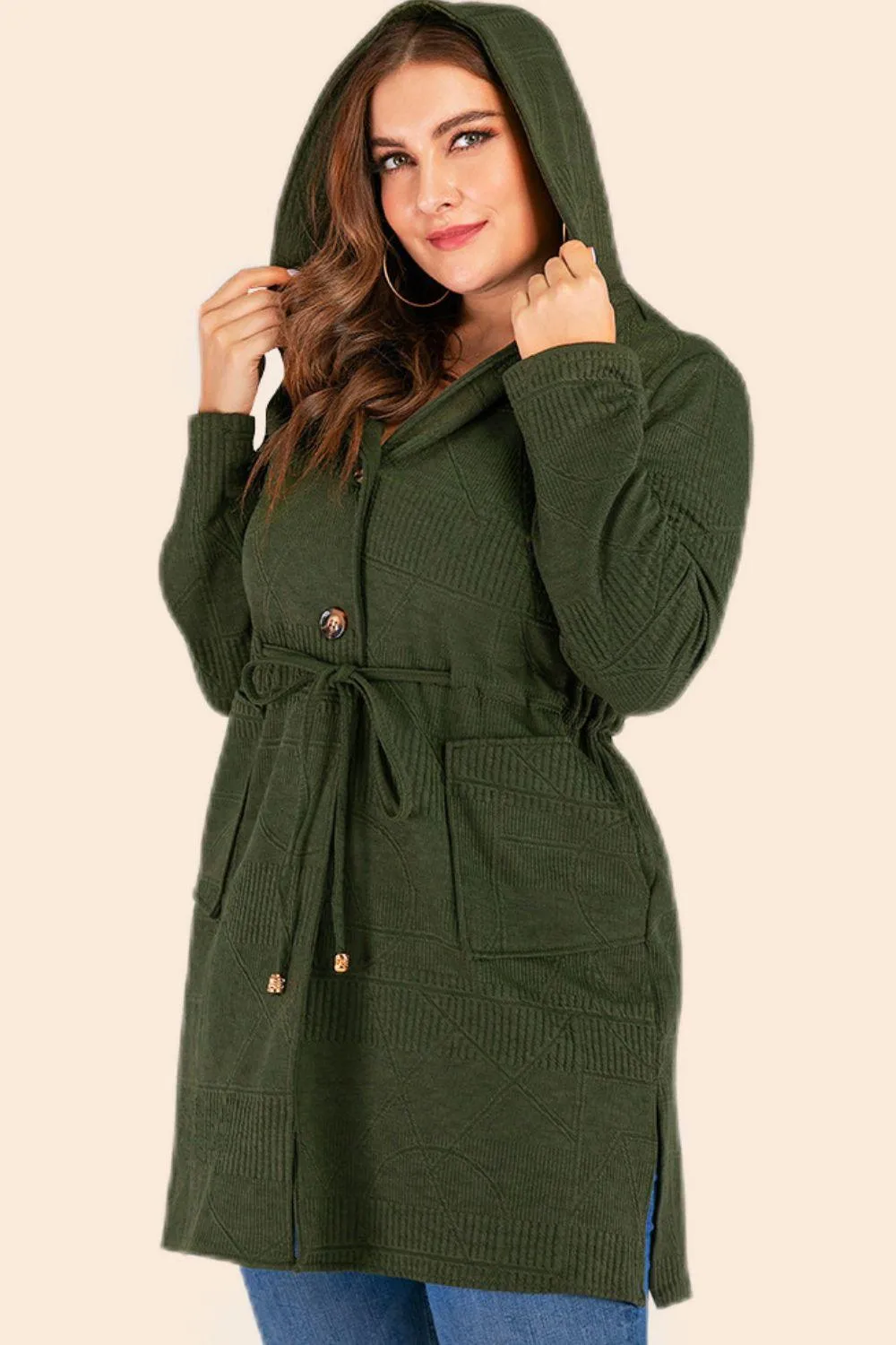 Plus Size Drawstring Waist Hooded Cardigan