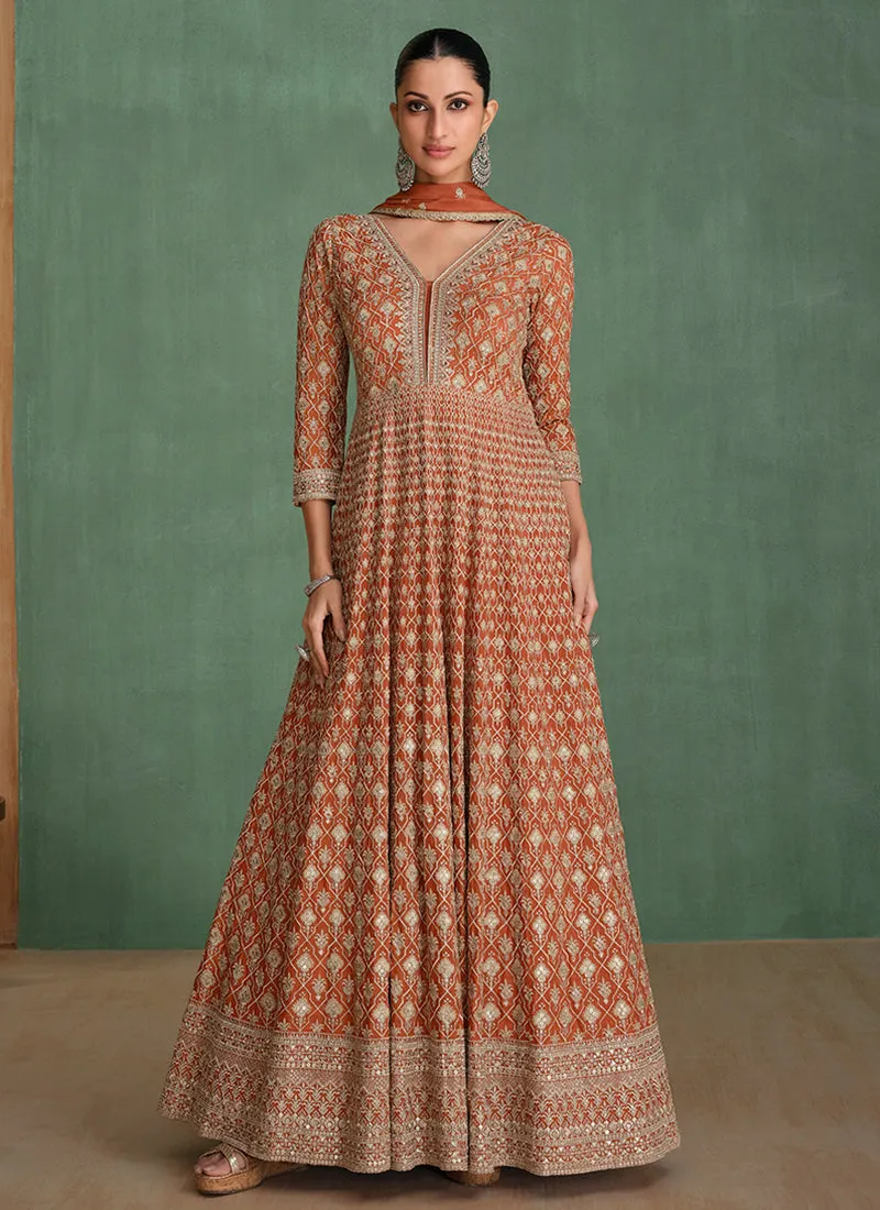 Rustic Orange Traditional Embroidery Festive Anarkali Dress