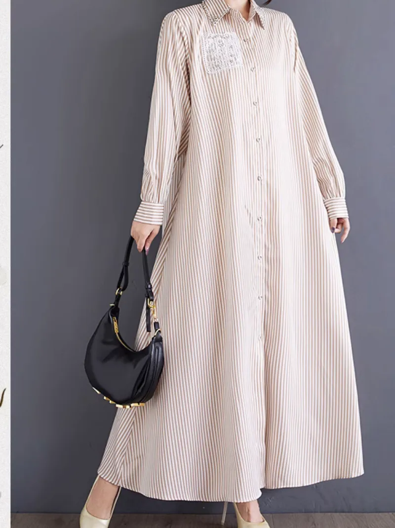 Women's Beautiful Stylish Button-Up High-End Stripe A-Line Dress