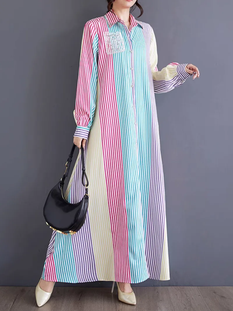 Women's Beautiful Stylish Button-Up High-End Stripe A-Line Dress