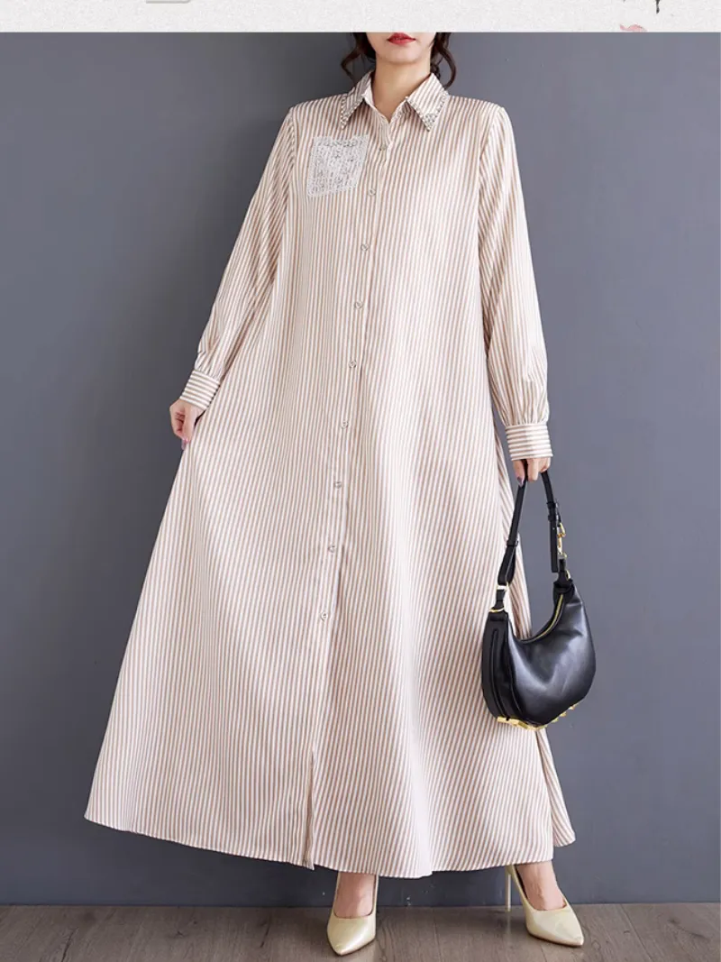 Women's Beautiful Stylish Button-Up High-End Stripe A-Line Dress