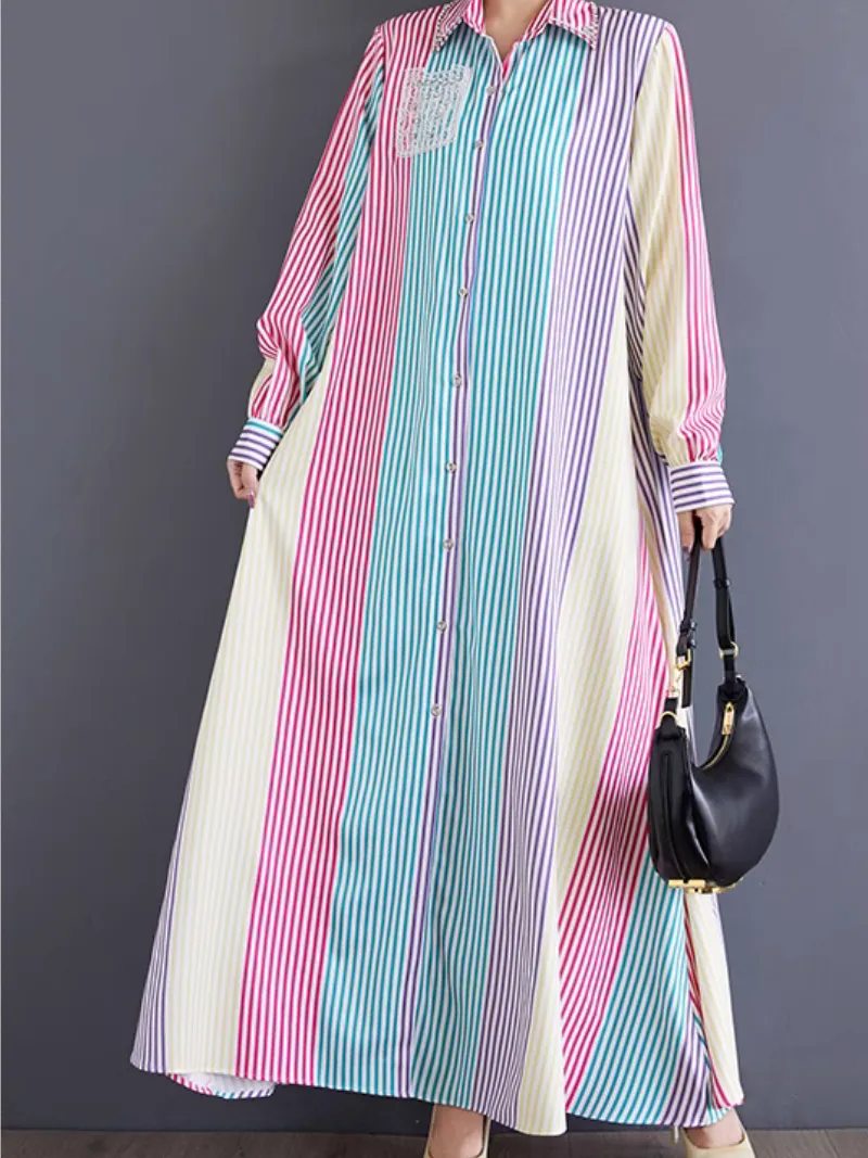 Women's Beautiful Stylish Button-Up High-End Stripe A-Line Dress