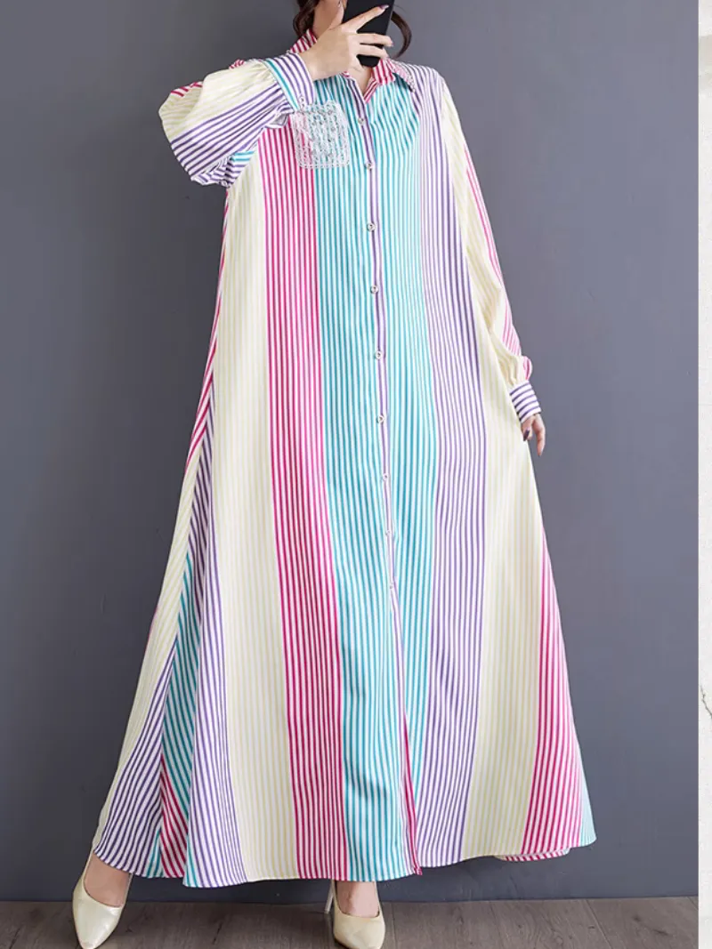 Women's Beautiful Stylish Button-Up High-End Stripe A-Line Dress