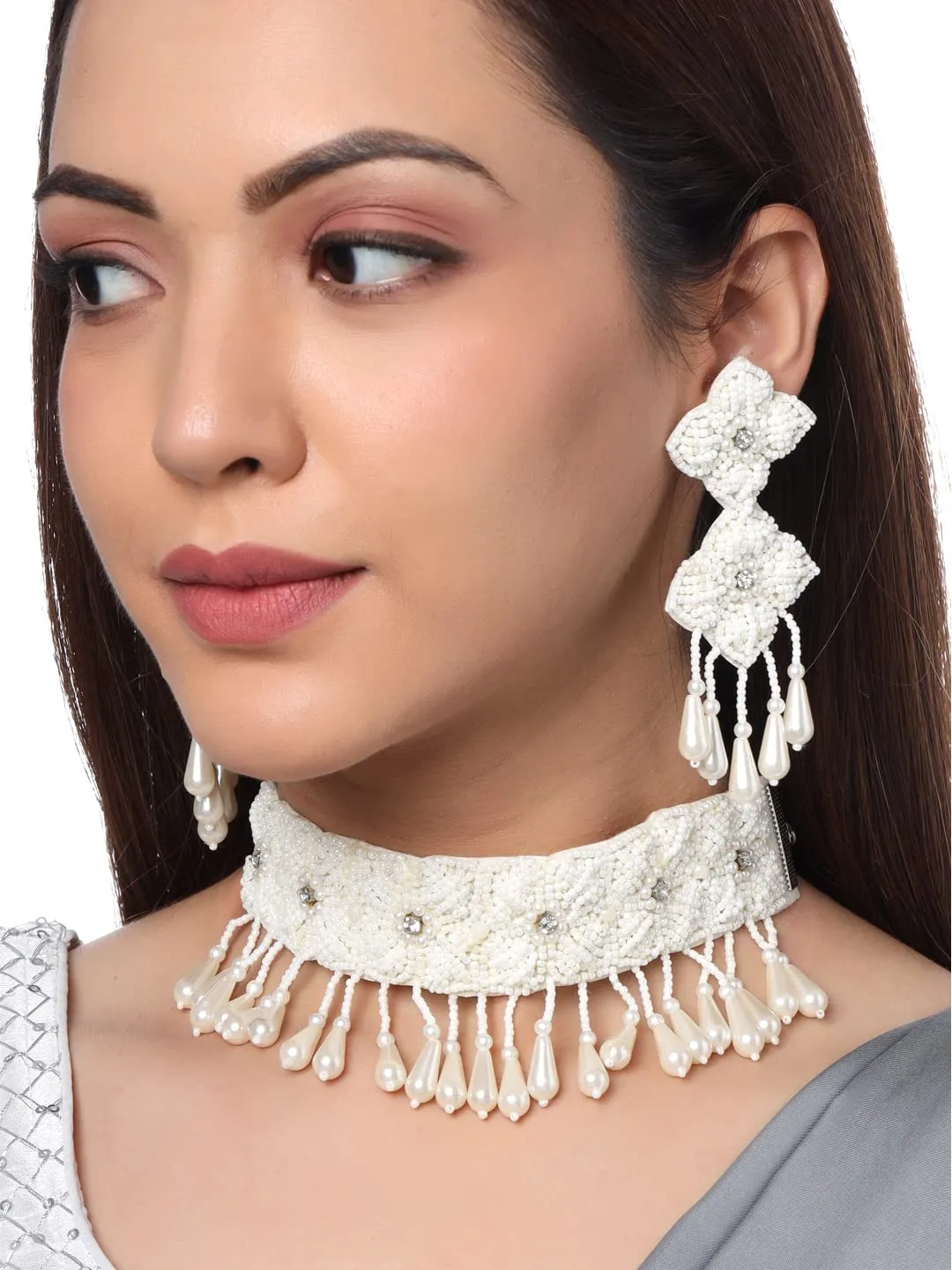 Yellow Chimes Jewellery Set for Women White Beads Studded Designed Choker Necklace Set for Women and Girls